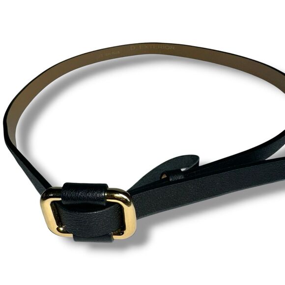 D Exterior Italian Leather Belt Womens Black Skinny Gold Square Slide Buckle